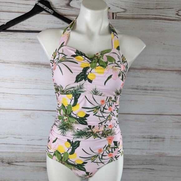 Patpat Tropical Lemon Print Pink Retro Look Halter One-piece Bathingsuit Small - Picture 1 of 4